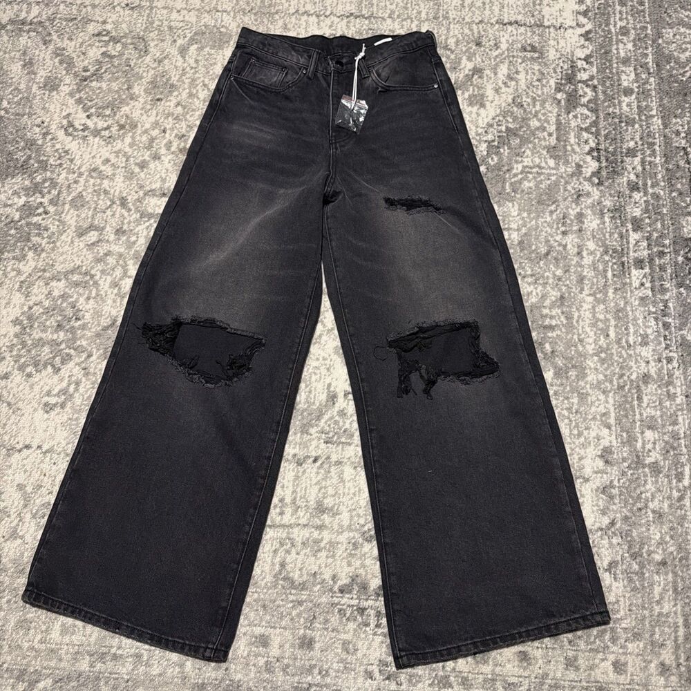 mnml Mens Faded Black Distressed Baggy Wide Leg Jeans Sz. 28